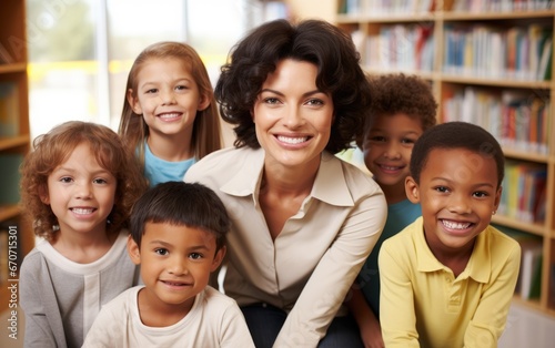 Happy female teacher with children