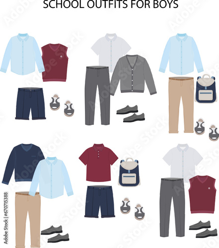 School outfits for schoolboy, teenager, student. Essential Boy's Clothes. Shirt, t shirt, trousers, jacket, pullover. School uniform. Vector illustration. Set on white background.
