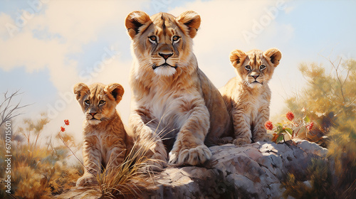 leoa com filhotes de leão 