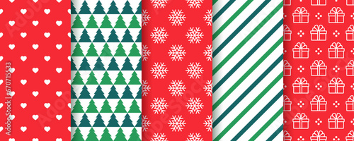 Christmas backgrounds. Xmas seamless pattern. Set festive textures. Prints with tree, gift box, snowflake, stripe and heart. Holiday wrapping paper. Collection red green backdrops. Vector illustration