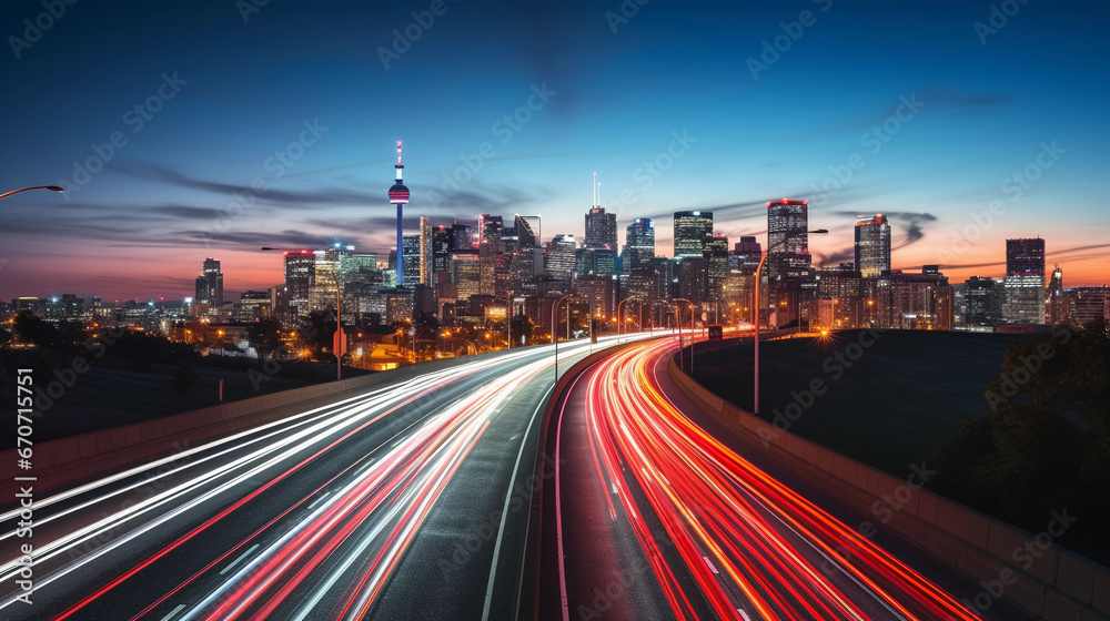 Long-exposure, night-time capture of a busy six-lane highway with light trails, overlooking a sprawling city. Cool color temperature, elevated vantage point