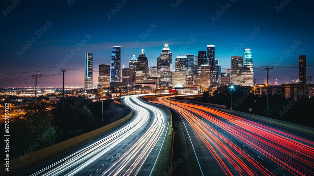 Long-exposure, night-time capture of a busy six-lane highway with light trails, overlooking a sprawling city. Cool color temperature, elevated vantage point