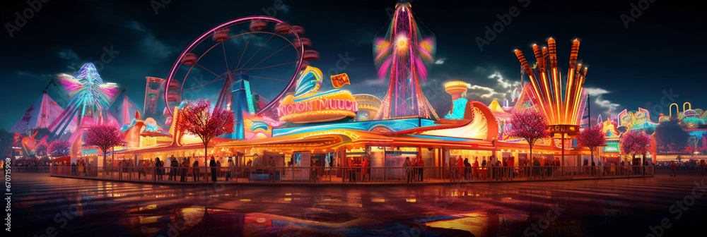 neon-lit amusement park at night, dazzling light trails from the rides, colorful fireworks in the sky, kids winning prizes at the carnival games - obrazy, fototapety, plakaty 