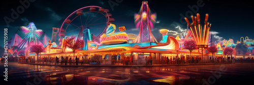neon-lit amusement park at night, dazzling light trails from the rides, colorful fireworks in the sky, kids winning prizes at the carnival games