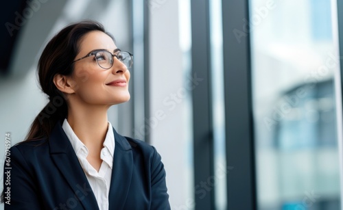 wealthy female corporate manager looking away with optimism thinking in future investments 