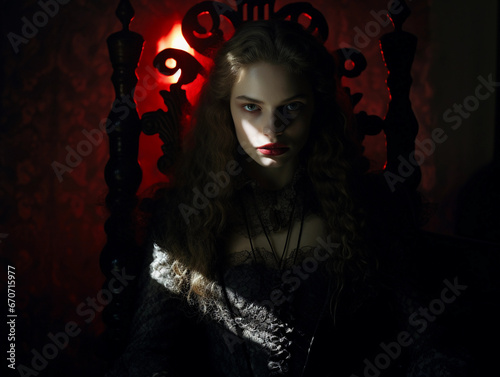 Victorian-era female vampire, penetrating red eyes, porcelain skin, blood-red lips, lace collar, seated on an ornate gothic throne