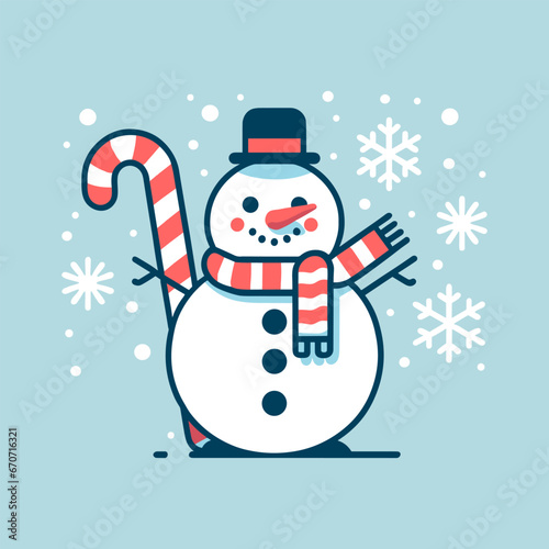 vector illustration on a blue background christmas cute snowman in flat line style
