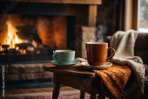 A mug of hot tea stands on a chair with a woolen blanket in a cozy living room with a fireplace. Generative Ai.