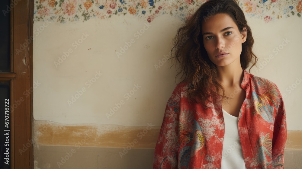 Spanish model with long open brown hair on the edge of the shot with copy space in a red, colorful shirt Spanish model with long open brown hair on the edge of the shot with copy space in a red, colorful shirt