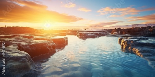 Beautiful landscape and sunset near hot spa in Iceland photo