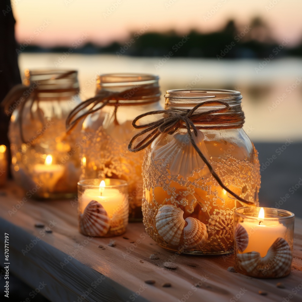 A candle flickers inside a glass jar filled with sand and shells, nestled in a romantic seashell candle holder. A candle flickers inside a glass jar filled with sand and shells, nestled in a romantic seashell candle holder.