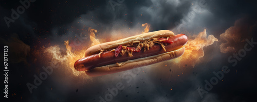 Hot dog in fly against black background. copy space for your text. photo