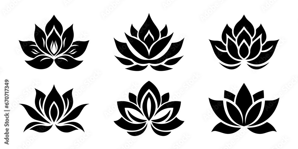 Lotus flower logo. Set of black lotus logo. Vector illustrations isolated on white background. Can be used as icon, sign or symbol - for yoga and meditation, for spa salon. Lotus silhouette. - obrazy, fototapety, plakaty 