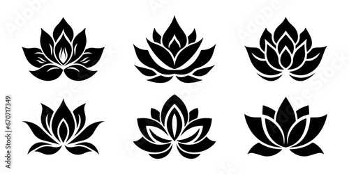 Lotus flower logo. Set of black lotus logo. Vector illustrations isolated on white background. Can be used as icon, sign or symbol - for yoga and meditation, for spa salon. Lotus silhouette. #670717349