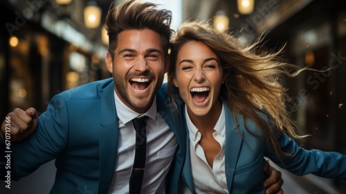 a businessman and a businesswoman in blue suits and white shirts cheer with a broad, very excited, enthusiastic smile