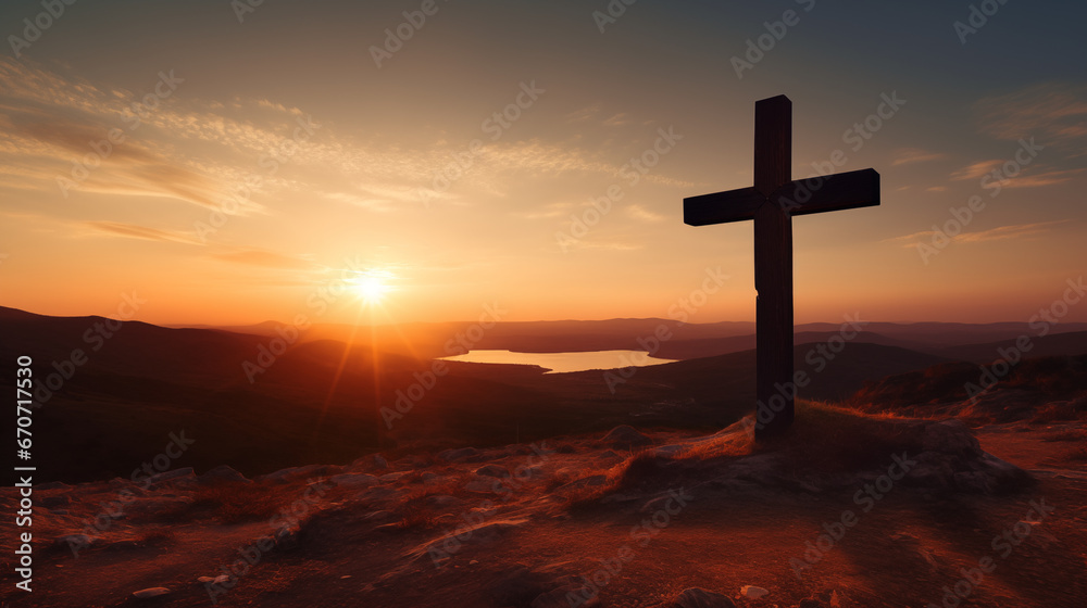 Fiery sunset behind a rugged cross on a hill, Holy cross background, blurred background, with copy space