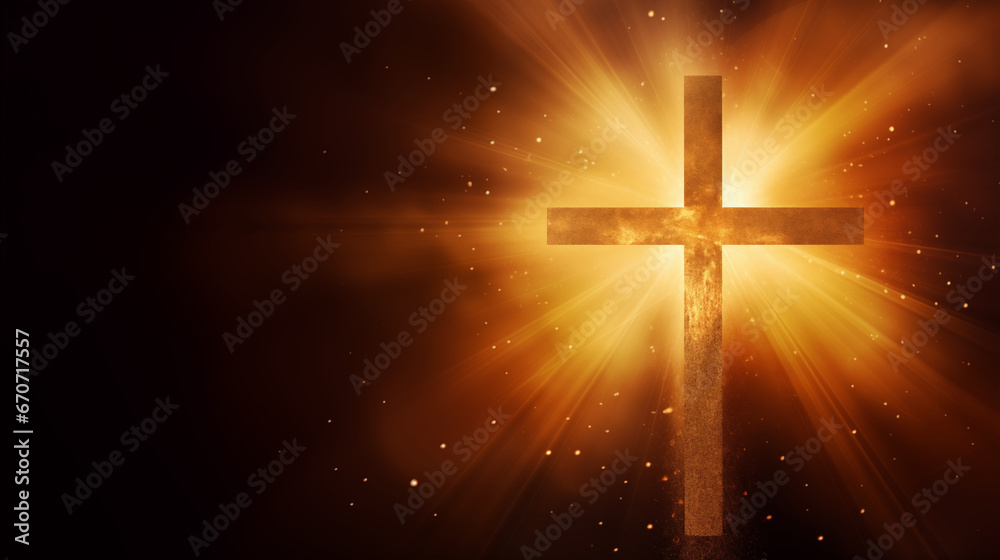 Golden cross with shimmering light rays against a dark backdrop, Holy cross background, blurred background, with copy space