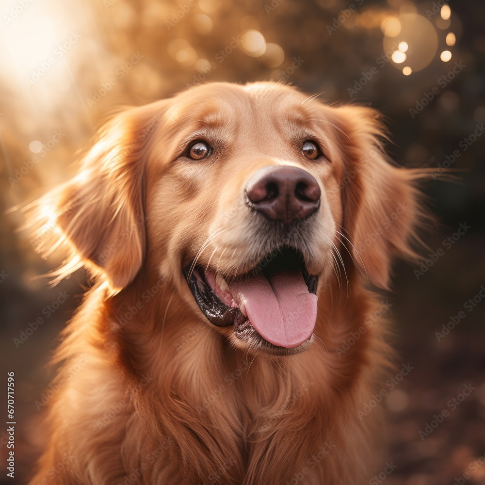Obraz premium Portrait of a beautiful Golden Retriever dog with sunlight from the background, making him appear golden