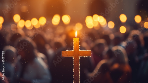 The cross illuminated by candles in a solemn prayer vigil, Holy cross background, blurred background, with copy space