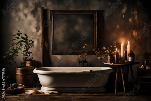 A moody representation of a Canvas Frame for a mockup in an old styled bathroom  capturing the serene ambience created by soft candlelight and vintage aromatics