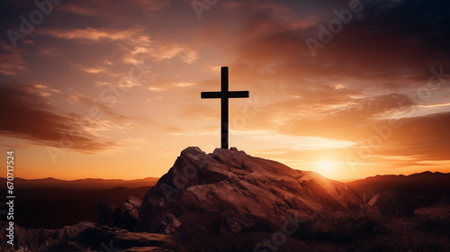 Fiery sunset behind a rugged cross on a hill, Holy cross background, blurred background, with copy space © Катерина Євтехова
