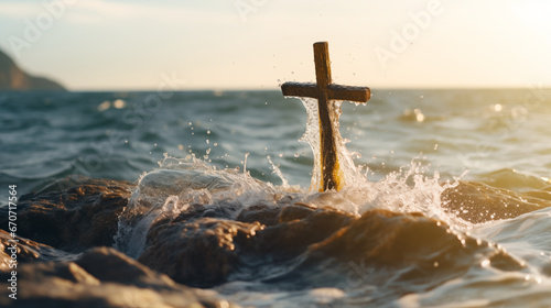 Cross engraved on a rock with gentle waves crashing nearby, Holy cross background, blurred background, with copy space