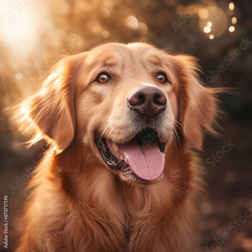 Portrait of a beautiful Golden Retriever dog with sunlight from the background, making him appear golden © Hannes