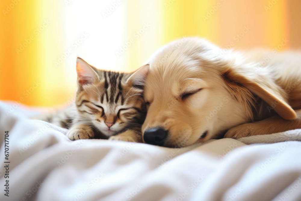 Golden retriever puppy and tabby kitten sleeping together on bed. Friendship and love. Golden retriever puppy and tabby kitten sleeping together on bed. Friendship and love.