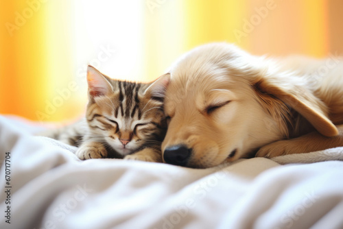 Golden retriever puppy and tabby kitten sleeping together on bed. Friendship and love.