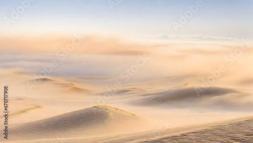 A blanket of fog settling over a sea of sand dunes. Generative AI