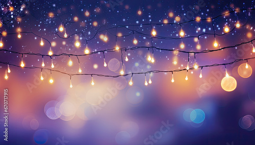  alumbrado de luces navideñas doradas decorativas sobre fondo morado desenfocado photo