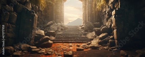 a towering stone gate with steps leads toward some rocks Generative AI