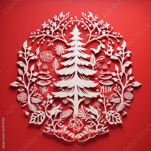 Christmas tree. Paper cut on red background with shadow, AI generator