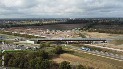 Aerial view of new Beaulieu Parkway slip road long ascending shot . Beaulieu Parkway Bridge connects the A12 to the expanding Beaulieu Park housing estate to ease traffic congestion. photo