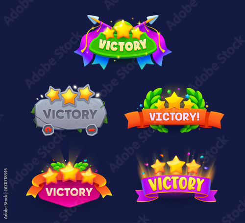 Game victory signs, banners or popup windows, vector ui or gui assets. Cartoon winner awards, golden stars and ribbons, champion laurel wreath and gold confetti, mobile game interface pop up buttons