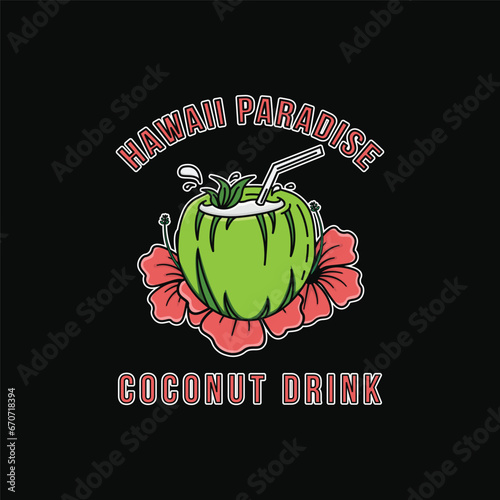Hawaiian paradise aloha coconut drink logo design idea with hibiscus flower