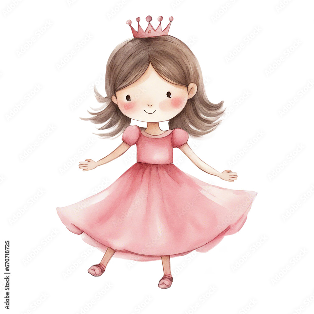 Little Pink Princess, Cute Hand Painted Style, Childish Watercolor Drawing, Fairy Tale Fantasy, Dancing little Girl, Generative AI	