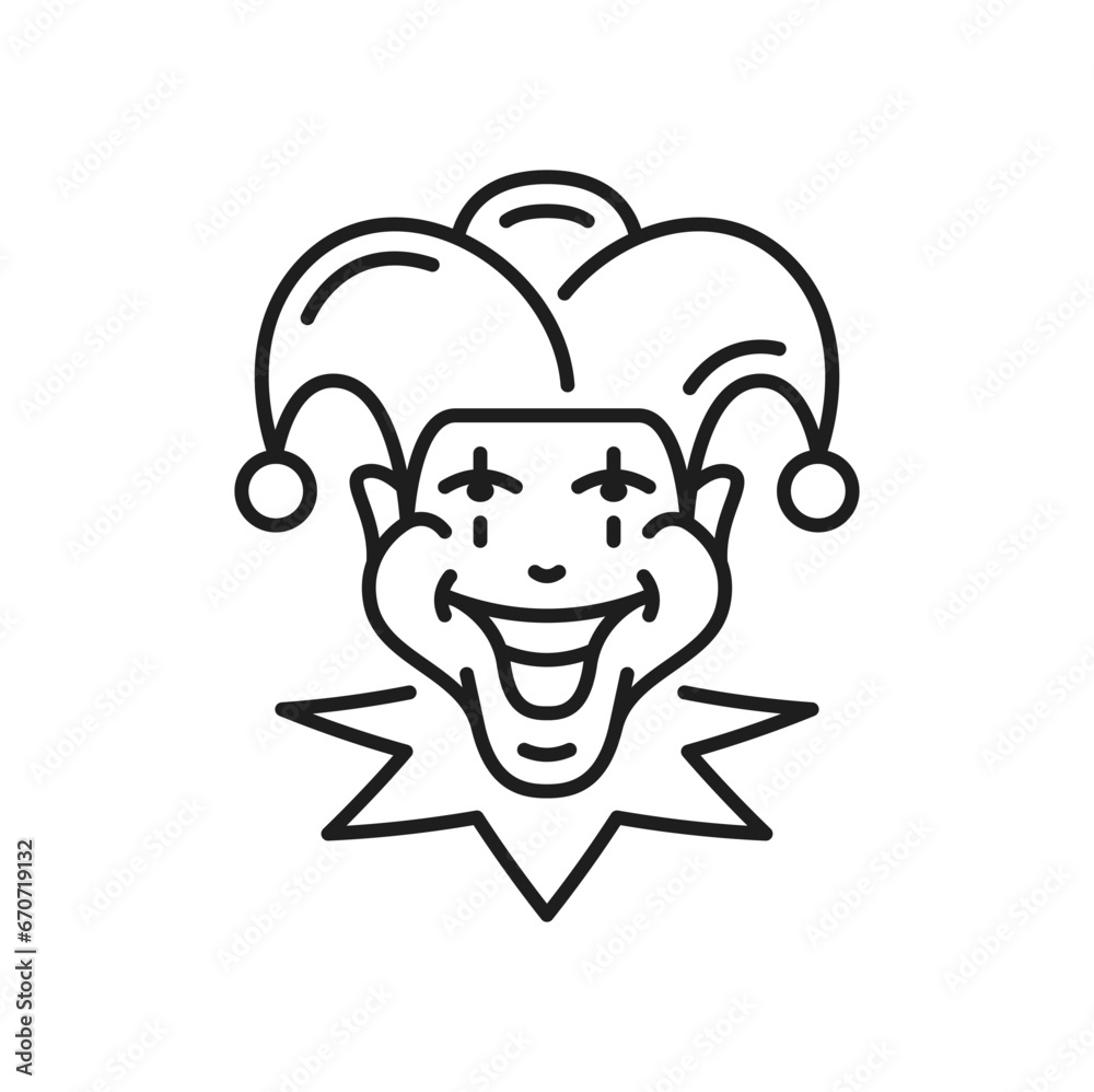 Joker face casino line icon, medieval jester in hat with bells. Vector funny clown, comic circus character, fool or blackjack personage Joker face casino line icon, medieval jester in hat with bells. Vector funny clown, comic circus character, fool or blackjack personage