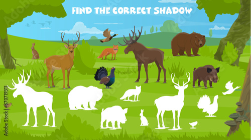 Find correct shadow of forest hunting animals, vector kids quiz worksheet. Wild bear, fox and ducks with grouse, hare and partridge or boar on find and match same silhouette riddle game or puzzle