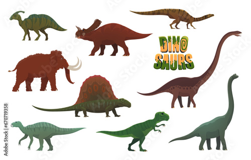 Cartoon dinosaurs  prehistoric animals characters. Paleontology dinosaur vector cute personage. Parasaurolophus  Brachiosaurus  Iguanodon and Centrosaurus  Dimetrodon  Plateosaurus funny mascots