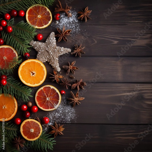 Christmas card. Spices, orange slices, Christmas tree and berries, stars, fake snow on wooden background. View from above, AI generator