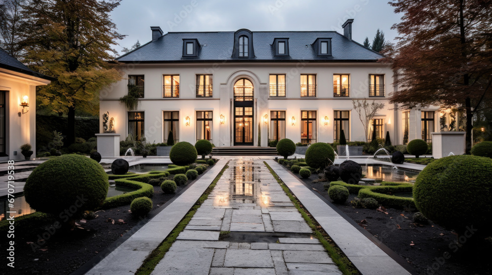 grande maison luxueuse avec piscine et jardin paysager le soir avec illumination intérieure - obrazy, fototapety, plakaty 