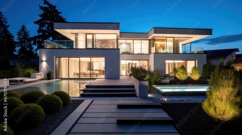 Fototapeta premium grande villa d'architecte moderne et luxueuse avec piscine et jardin paysager le soir avec illumination intérieure