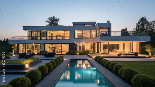 grande villa d'architecte moderne et luxueuse avec piscine et jardin paysager le soir avec illumination intérieure © sebastien jouve