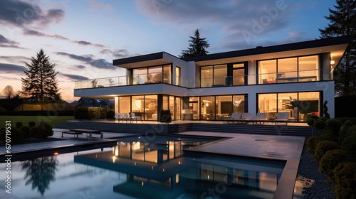 grande villa d architecte moderne et luxueuse avec piscine et jardin paysager le soir avec illumination int  rieure