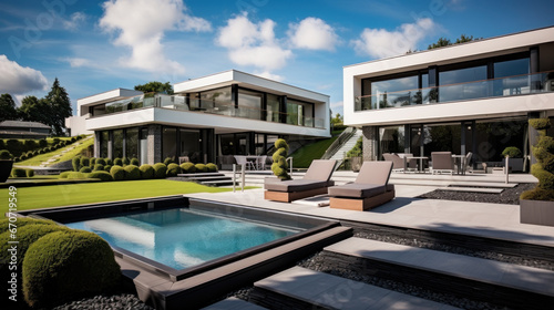 grande villa d'architecte moderne et luxueuse avec piscine et jardin paysager par beau temps © Sébastien Jouve