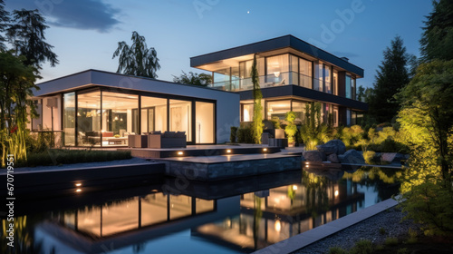 grande villa d'architecte moderne et luxueuse avec piscine et jardin paysager le soir avec illumination intérieure