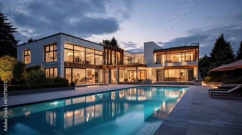 grande villa d architecte moderne et luxueuse avec piscine et jardin paysager le soir avec illumination int  rieure