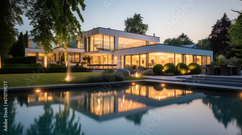grande villa d'architecte moderne et luxueuse avec piscine et jardin paysager le soir avec illumination intérieure © Sébastien Jouve