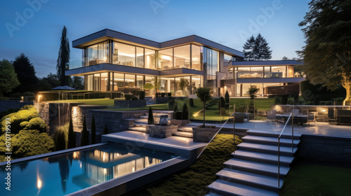 grande villa d'architecte moderne et luxueuse avec piscine et jardin paysager le soir avec illumination intérieure © Sébastien Jouve